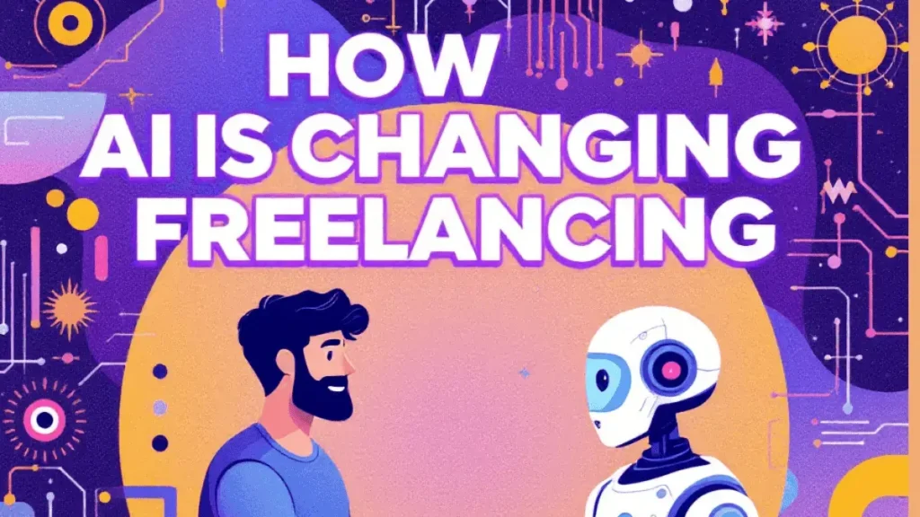 Freelancer using AI tools on a laptop with futuristic digital interface overlays in a creative workspace.
