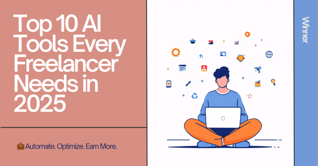 Illustration of a freelancer using AI tools on a laptop with icons representing automation, time-saving, and productivity in 2025