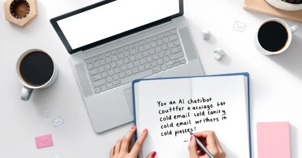 Flat lay of laptop with AI email tools and handwritten notes for writing cold emails using AI