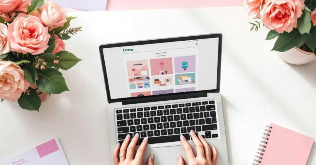 Laptop displaying Etsy dashboard with AI-designed digital templates like planners and wall art created using Canva, for earning passive income in 2025.