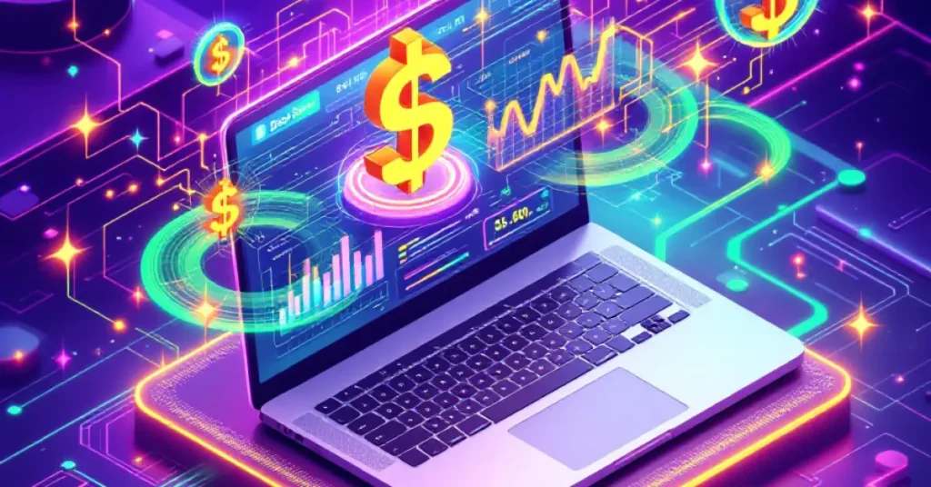 Illustration of AI generating income streams with dollar symbols and financial charts