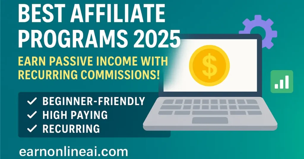 Illustration of affiliate marketing in 2025 showing icons of money, recurring income, digital products, and passive income – ideal for beginners.