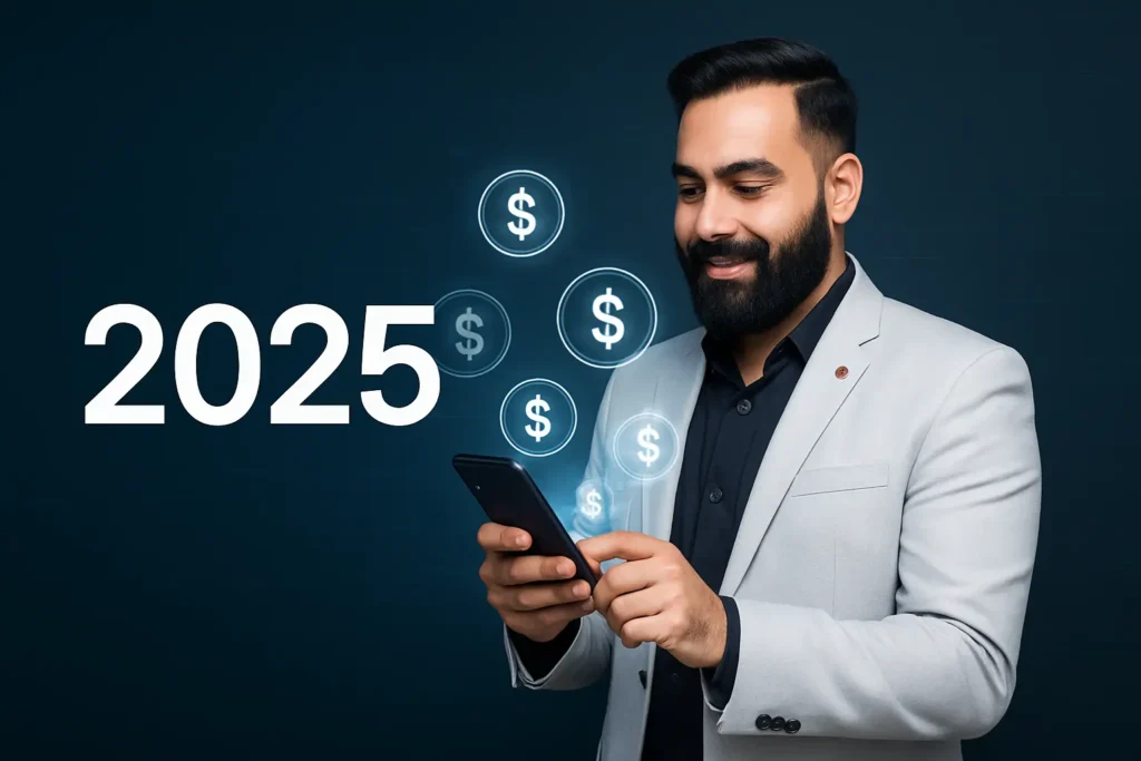 Alt Text: Young professional learning how to earn money by mobile phone in 2025