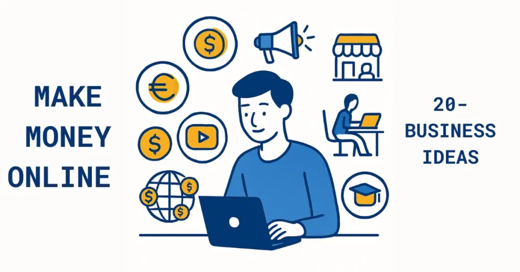 Illustration of ways to earn money online including affiliate marketing, ecommerce, freelancing, and YouTube