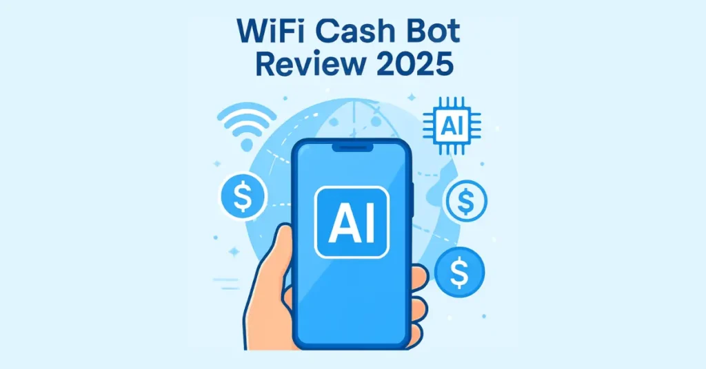 Smartphone with AI automation, digital money icons, and vibrant background illustrating WiFi Cash Bot Review 2025.