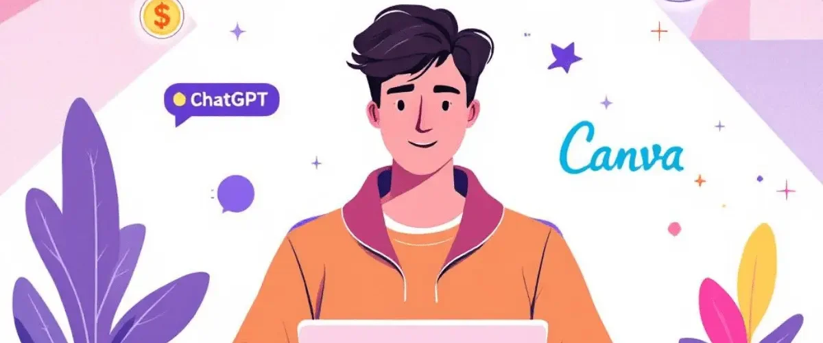 Two freelancers working on laptops with AI icons like ChatGPT, Canva, and graphs around them, representing online earning ideas and AI side hustles in 2025.