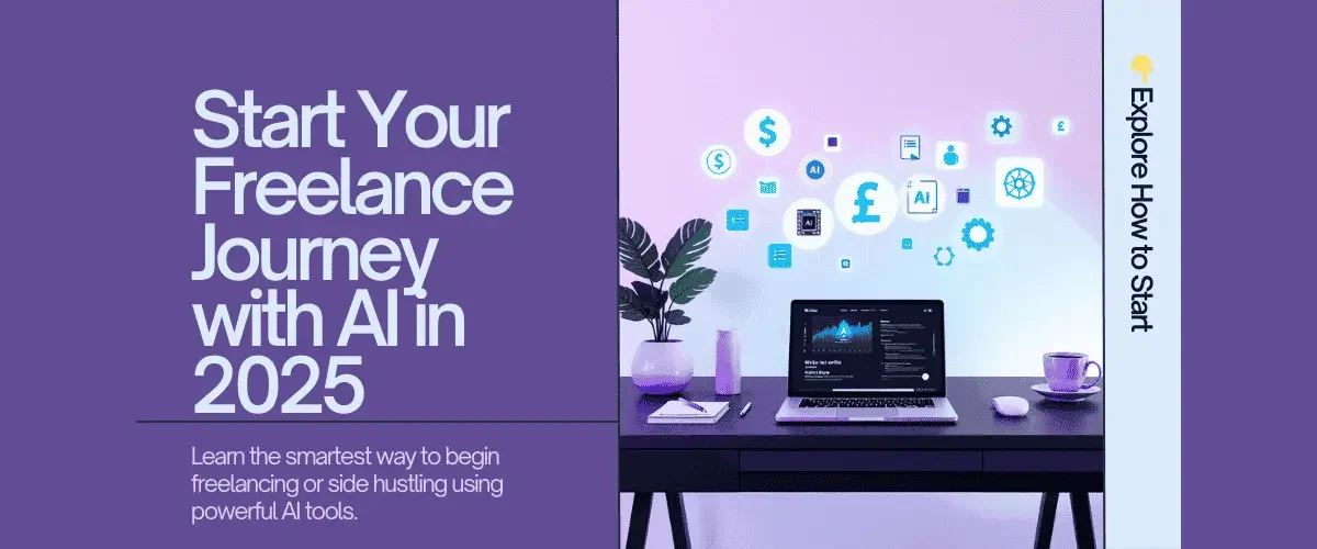 Start Your Freelance Journey with AI Tools in 2025 A person working remotely on a laptop surrounded by AI icons and productivity tools