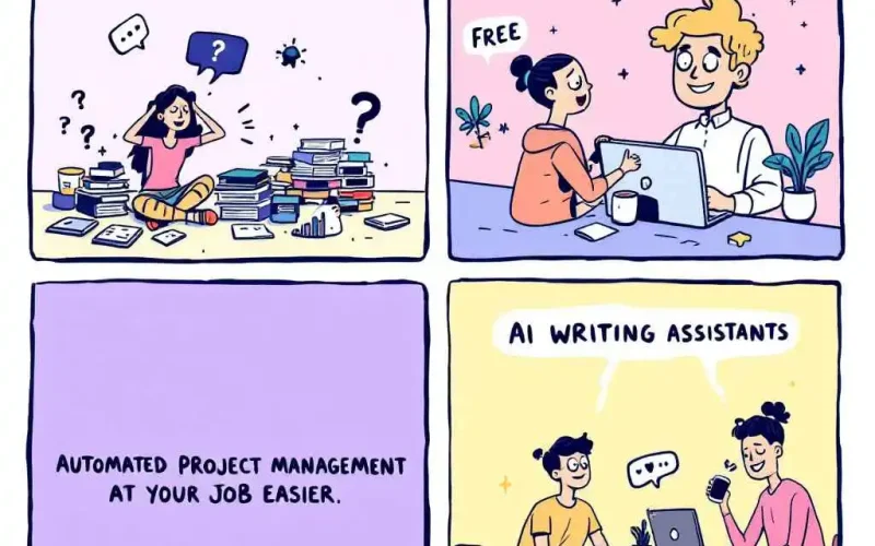 Freelancer Leveraging AI Tools to Enhance Productivity in 2025 A modern freelancer using AI software on a laptop surrounded by digital charts, virtual assistants, and creative tools in a home office.