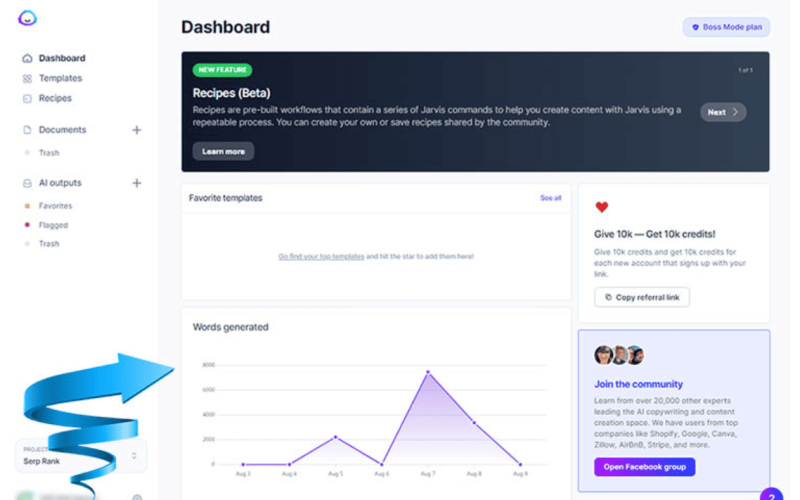 Jasper AI dashboard for content writing
